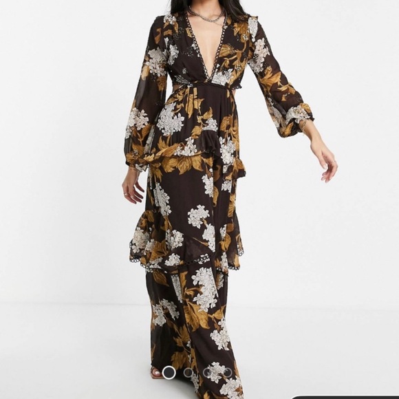 ASOS Designs Chocolate floral ruffled Maxi Dress - Picture 1 of 14